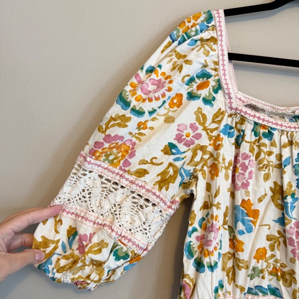 Christian Siriano New York Floral Linen Blend Crochet Lace Puff Sleeve Blouse L - Picture 2 of 5